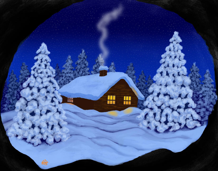 Winter Cabin at Night, digital illustration made in Procreate on iPad, 2025