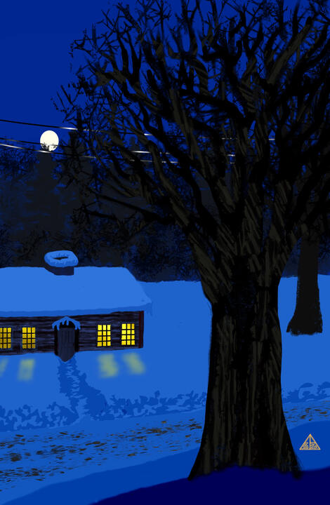 Winter Moonrise, digital illustration made in Procreate on iPad, 2024
