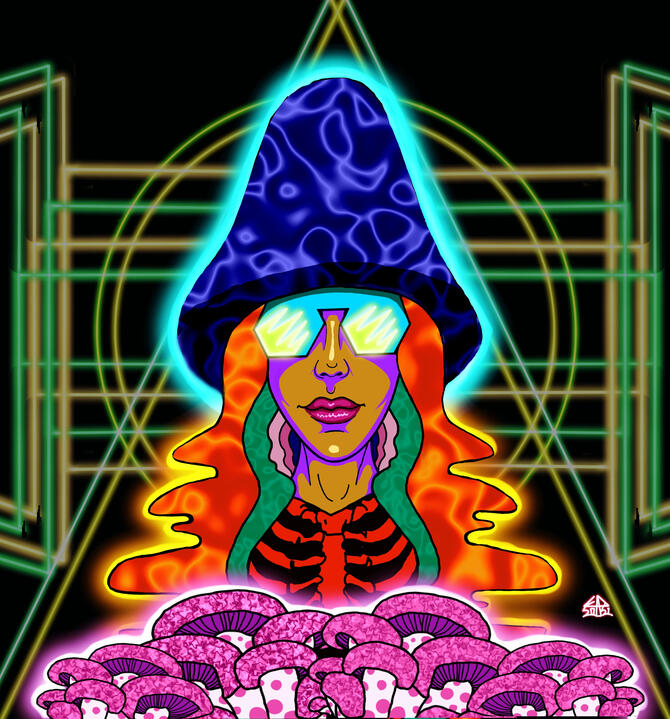 Electric Shrooms, digital illustration made in Procreate on iPad, 2021