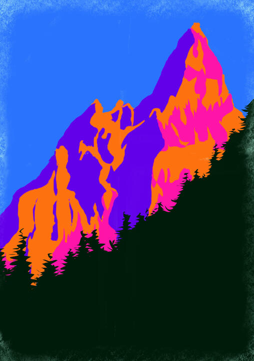Psychedelic Mountain Sunset, digital illustration made in Procreate on iPad, 2023