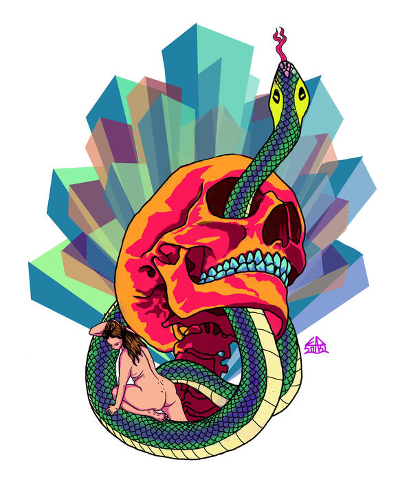 Snake, Skull and Lady, digital illustration made in Procreate on iPad, 2021