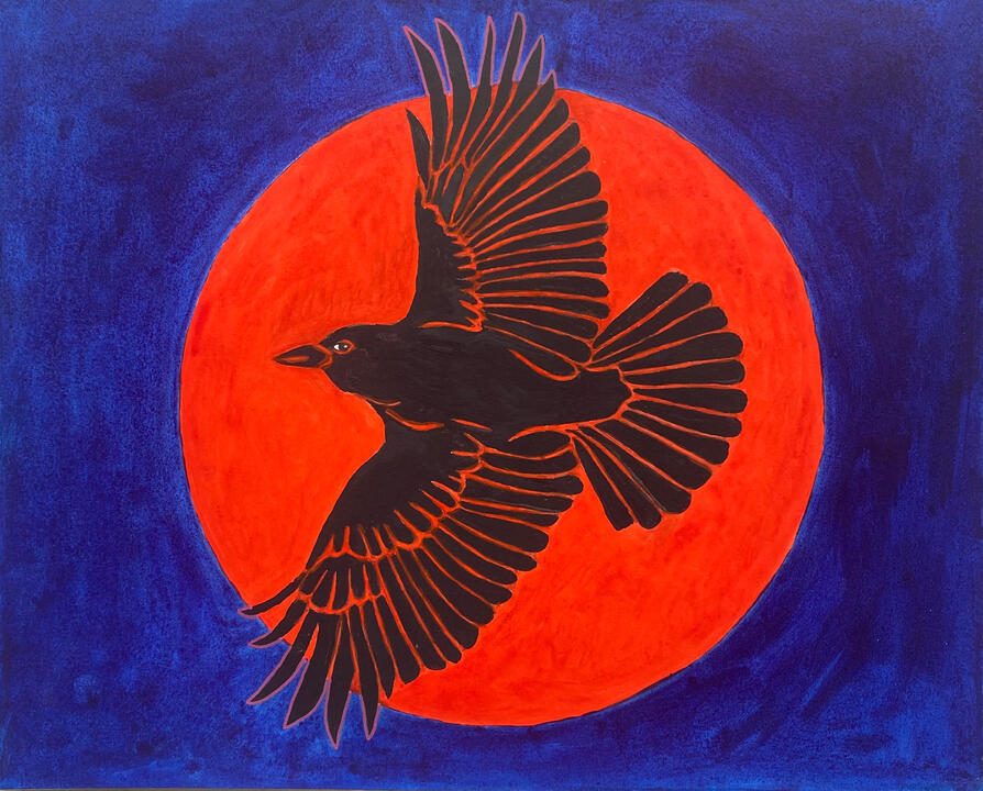 Black Crow on Red Moon, 10”x8”, mixed media on paper, 2026