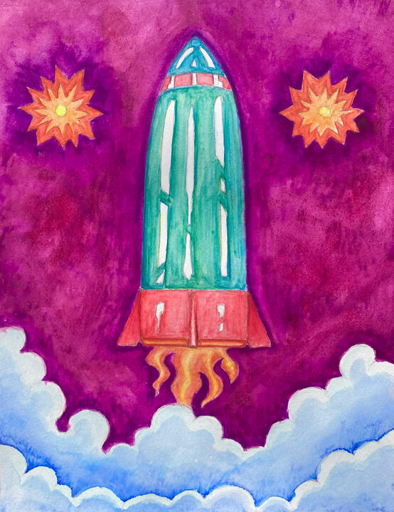 Blast Off, 8”x10”, mixed media on paper, 2026