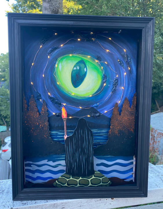 Ritual During The Cat’s Eye Moon, 12”x16” Shadow Box Assemblage, 2026