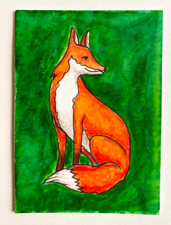 Foxy, 2.5”x3.5”, watercolor markers on vellum bristol paper, 2026