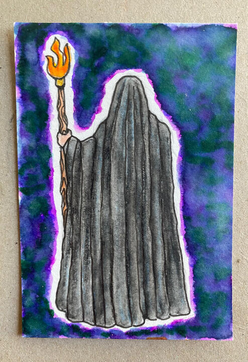 Hooded Figure, 2.5”x3.5”, watercolor markers on vellum bristol paper, 2026 - SOLD