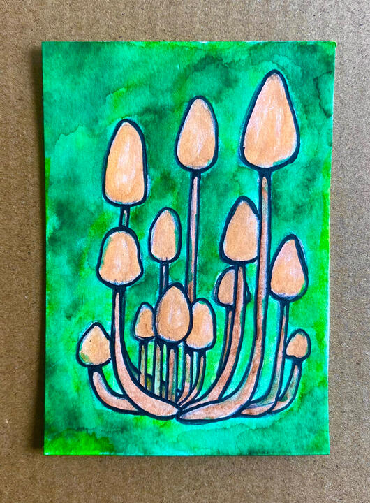 Lil’ Mushies, 2.5”x3.5”, watercolor markers on vellum bristol paper, 2026