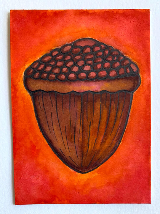 Acorn, 2.5”x3.5”, watercolor marker and pen on vellum bristol paper, 2026