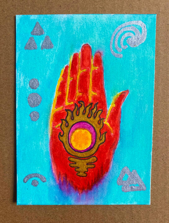Mystic Hand, 2.5”x3.5”, mixed media on vellum bristol paper, 2026