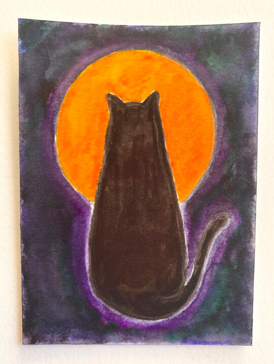 Black Cat With Harvest Moon, 2.5”x3.5”, watercolor markers on vellum bristol paper, 2026 - IN PRIVATE COLLECTION