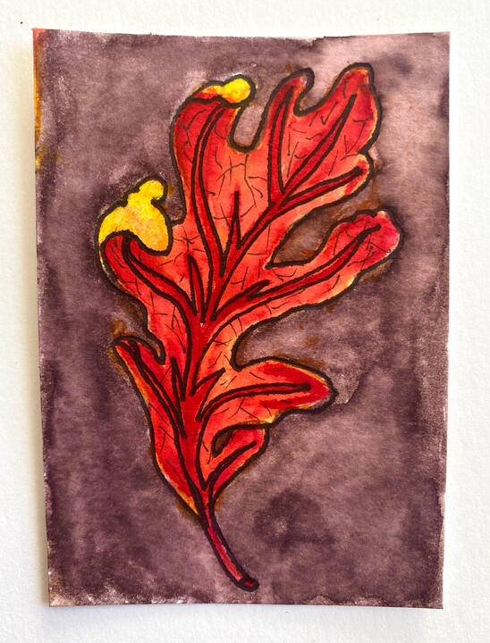 Fallen Leaf, 2.5”x3.5”, watercolor markers and pen on vellum bristol paper, 2026