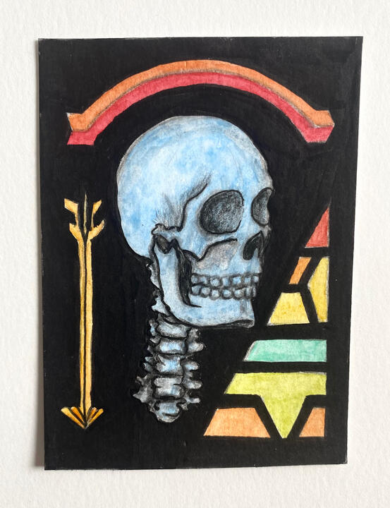 Blue Skull, 2.5”x3.5”, watercolor pencils and markers on vellum bristol paper, 2026 - SOLD