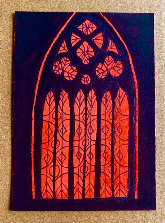 Gothic Window, 2.5”x3.5”, mixed media on vellum bristol paper, 2026 - SOLD