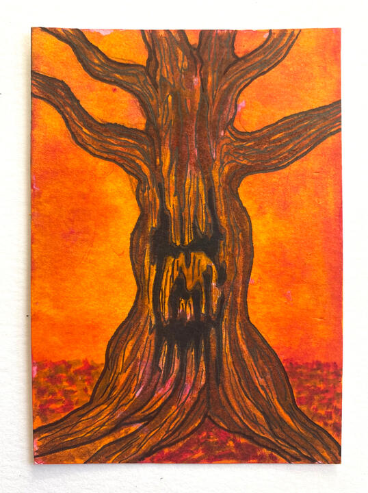 Scary Tree (Halloween Tree), 2.5”x3.5”, watercolor markers and pen on vellum bristol paper, 2026 - SOLD