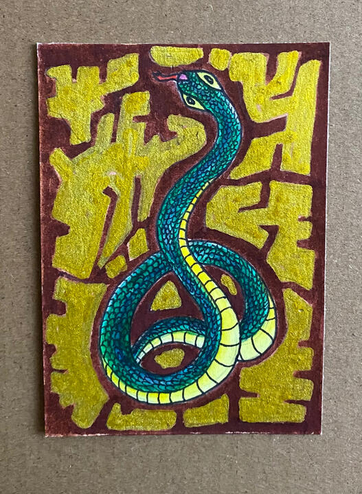 Slithery, 2.5”x3.5”, mixed media on vellum bristol paper, 2026